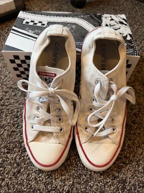 Converse White Canvas Low-Top Sneakers with Red Stripe
